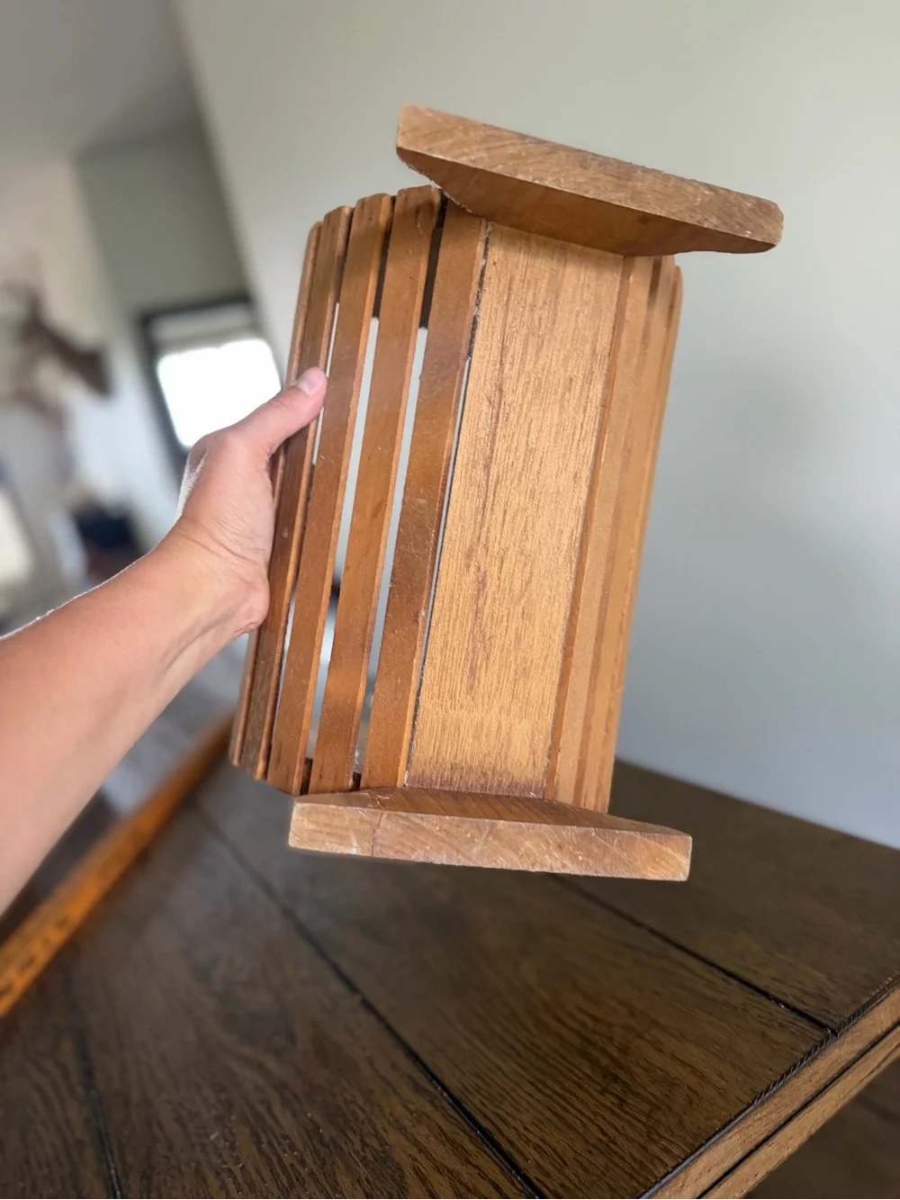 Vintage Wooden Heart Slat Basket Caddy Handle Blue Folk Art Stencil Cottagecore
